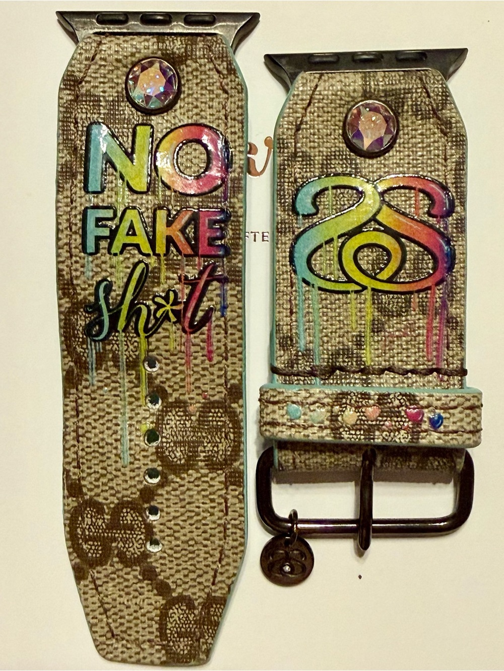 Spark*l Bands No Fake Sh*t Rainbow Graphic on Brown Webbed Gucci - Size 2